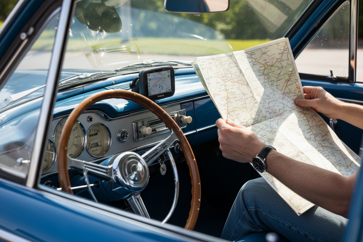 Blue vintage car interior with GPS tracker device and map, hands holding map, professional photography, high quality